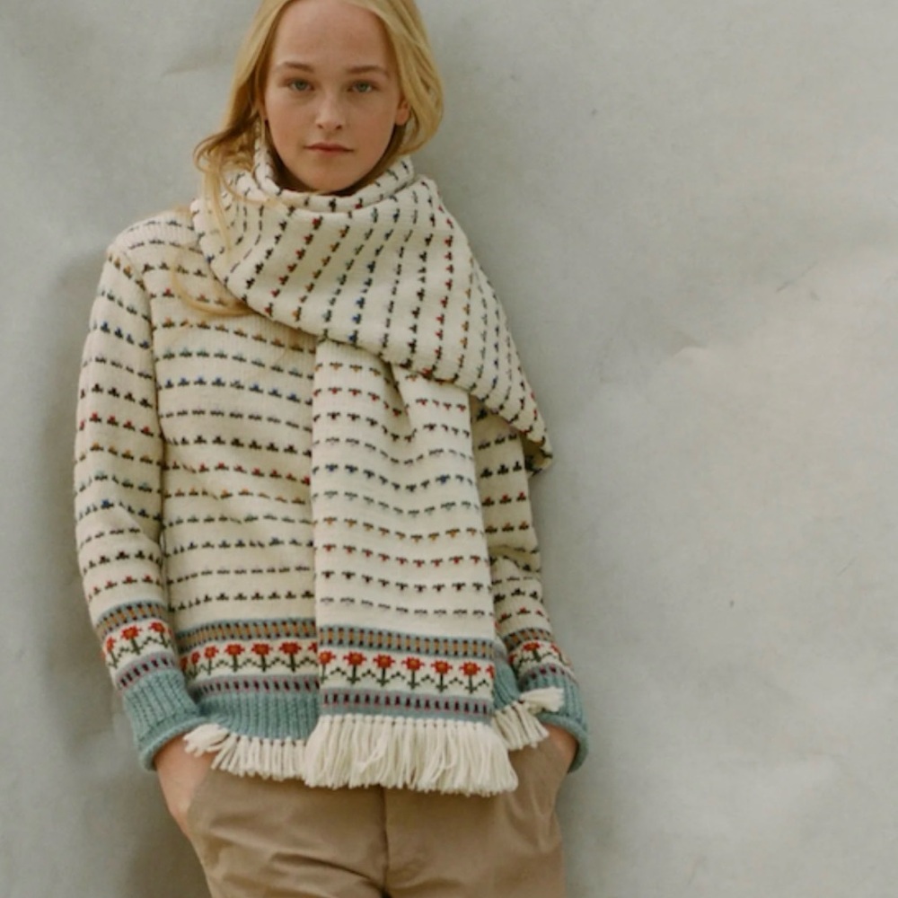 Tory Burch Cream Fair Isle Fringe Sweater with Multicolor Trim